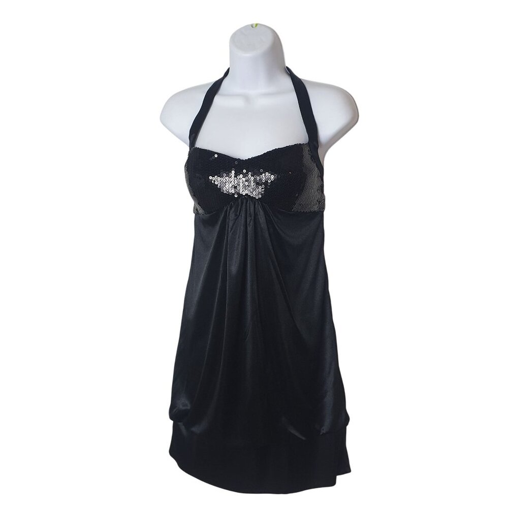 Steppin Out Halter Sequin Dress M Black Vtg Party Cocktail Prom Glam Royalcore